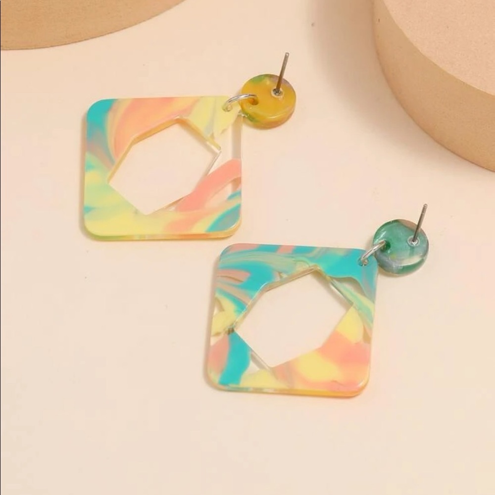 B2G1☮️Boho Retro Rhombus Acrylic Geometric Multi Color Statement Drop Earrings - Picture 6 of 11